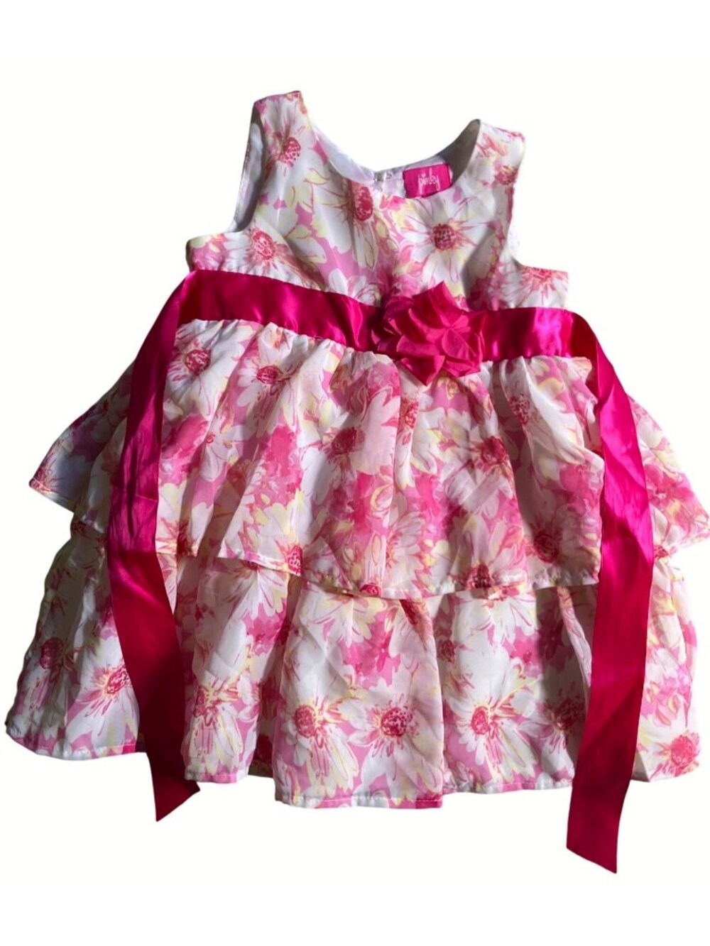 Pink White Floral Sleeveless Tiered Girls Dress With Pink Sash & Flower Size 4
